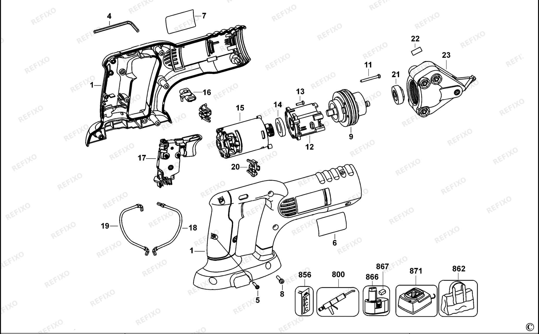 Деталировка DeWalt DC495P-XJ TYPE 1 аккумуляторный -SCHERE DC495P-XJ DC495P — схема запчастей в разборе