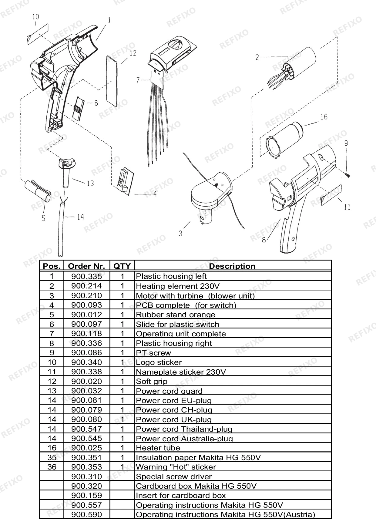 Деталировка MAKITA HG550V — схема запчастей в разборе