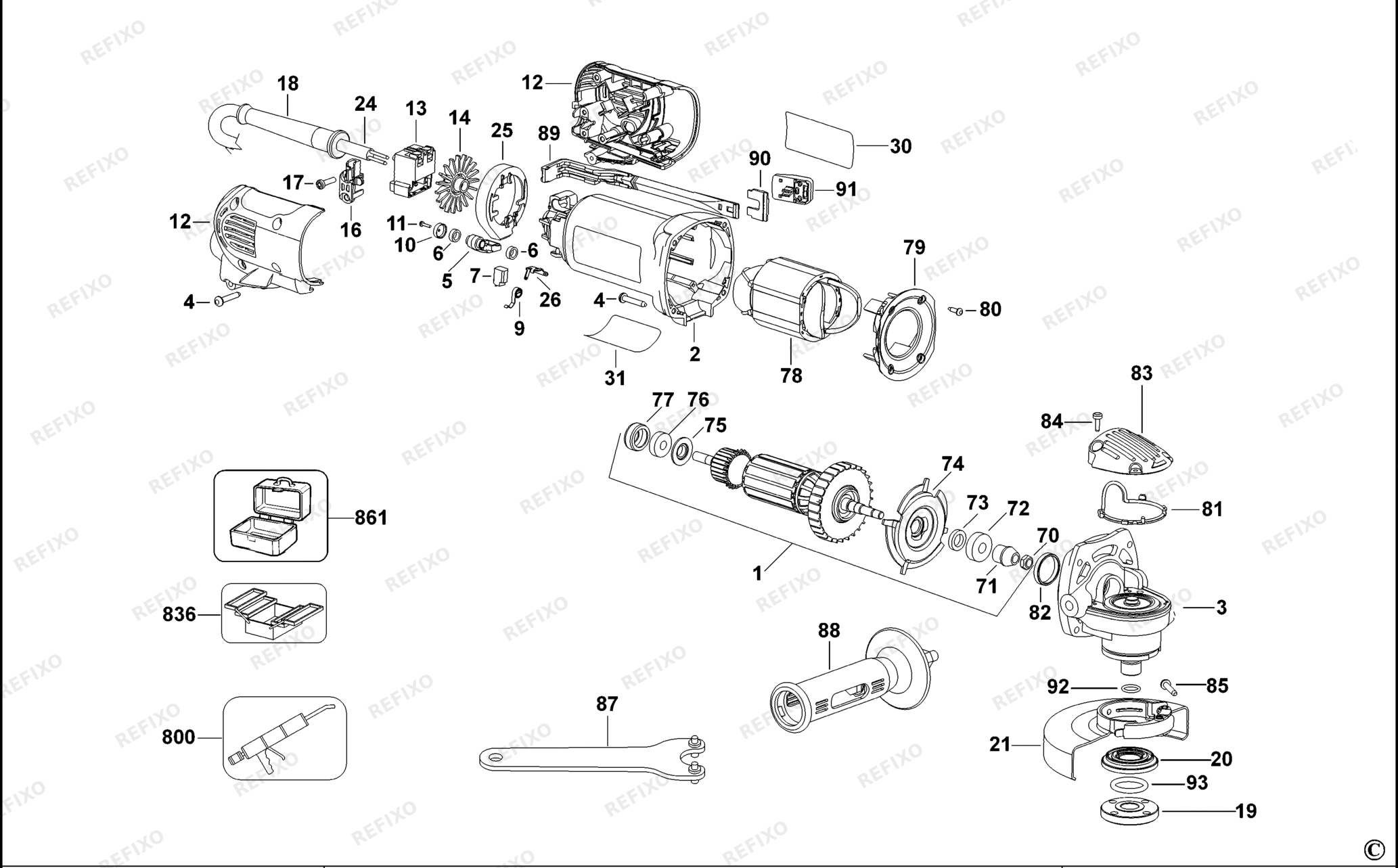Деталировка DeWalt D28134-QS TYPE 1 SMALL ANGLE GRINDER D28134-QS D28134 — схема запчастей в разборе