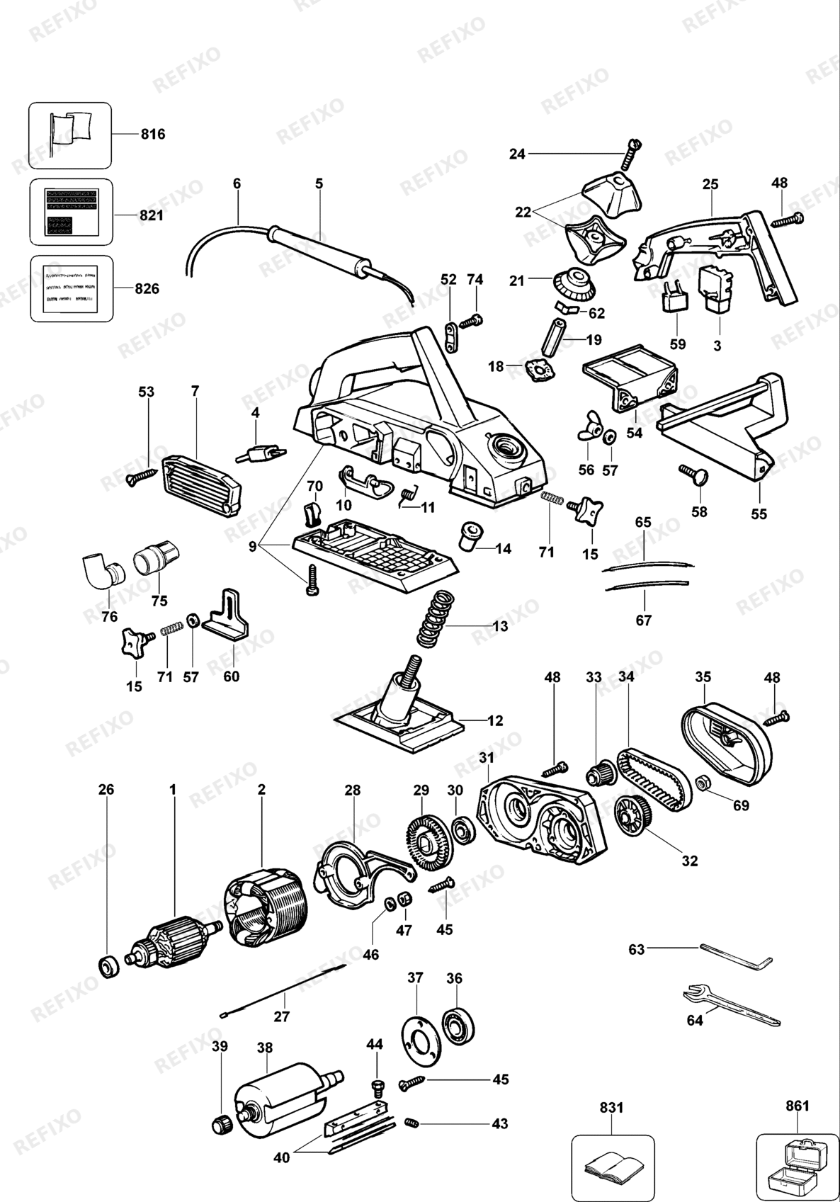 Деталировка DeWalt DW675K-XJ TYPE 1 рубанок DW675K-XJ DW675K — схема запчастей в разборе