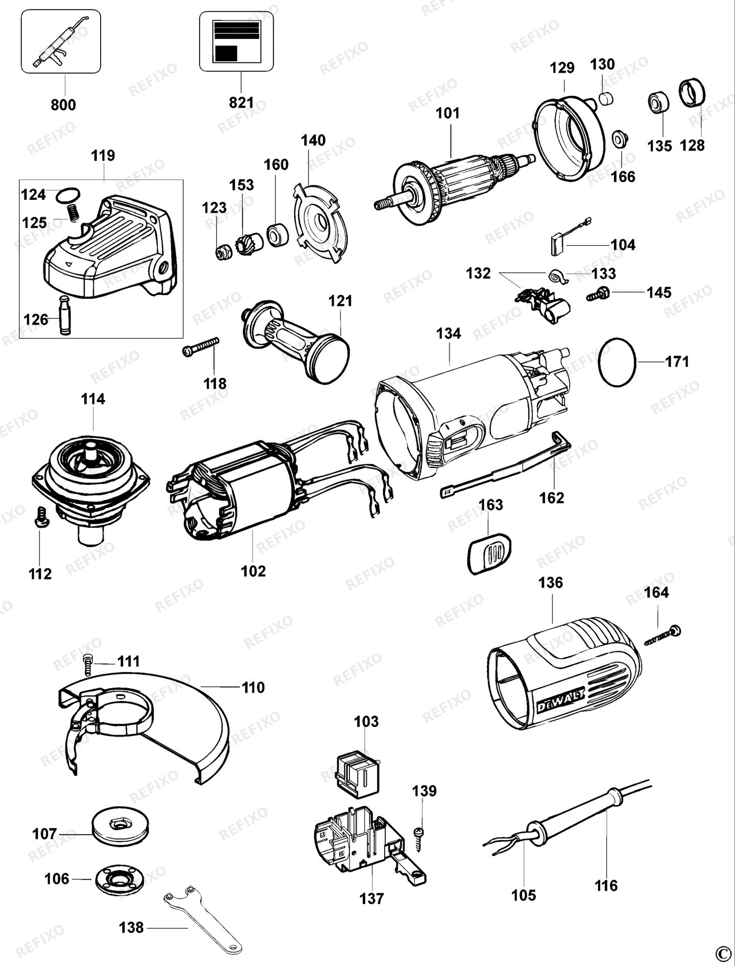 Деталировка DeWalt D28153-QS TYPE 1 SMALL ANGLE GRINDER D28153-QS D28153 — схема запчастей в разборе