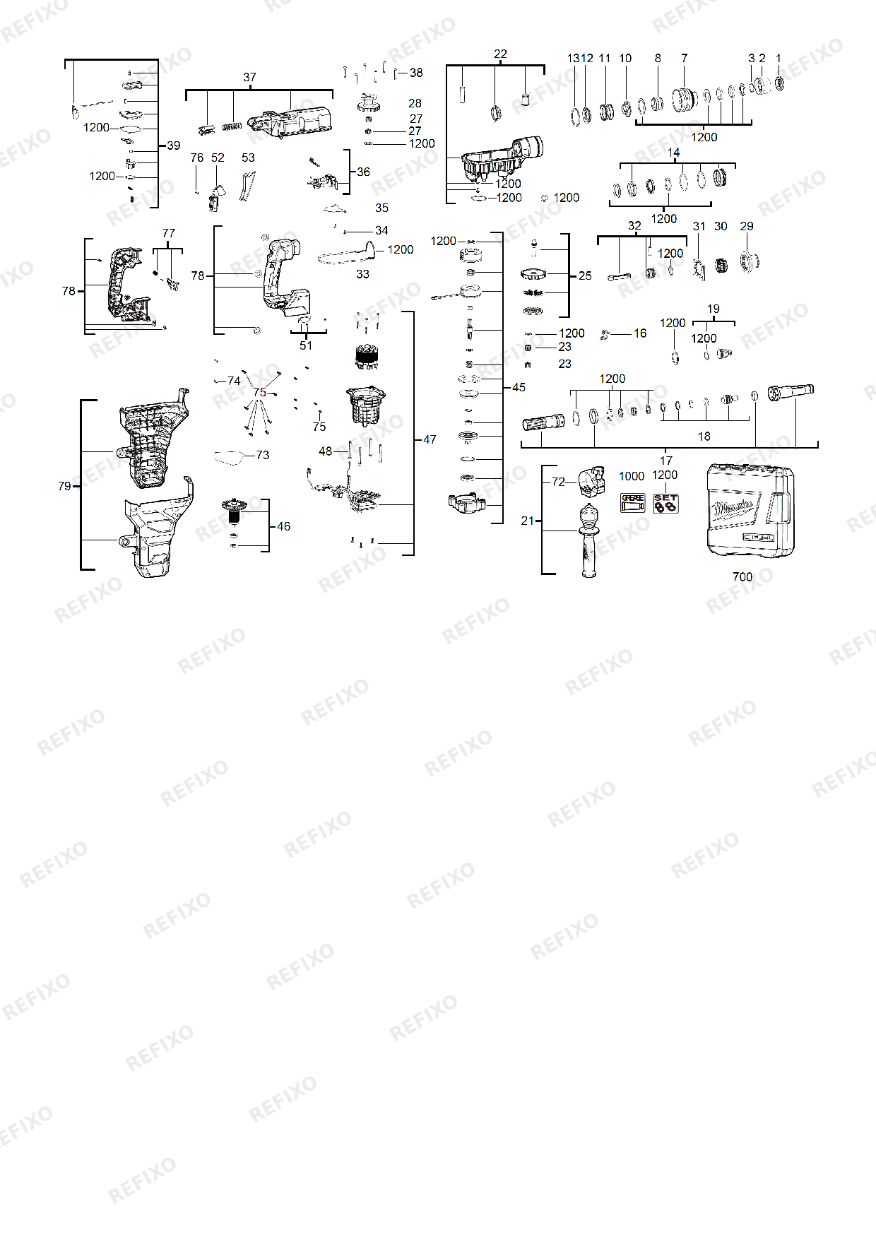 Деталировка MILWAUKEE M18FHM 0C 4933464893 4000469696 — схема запчастей в разборе