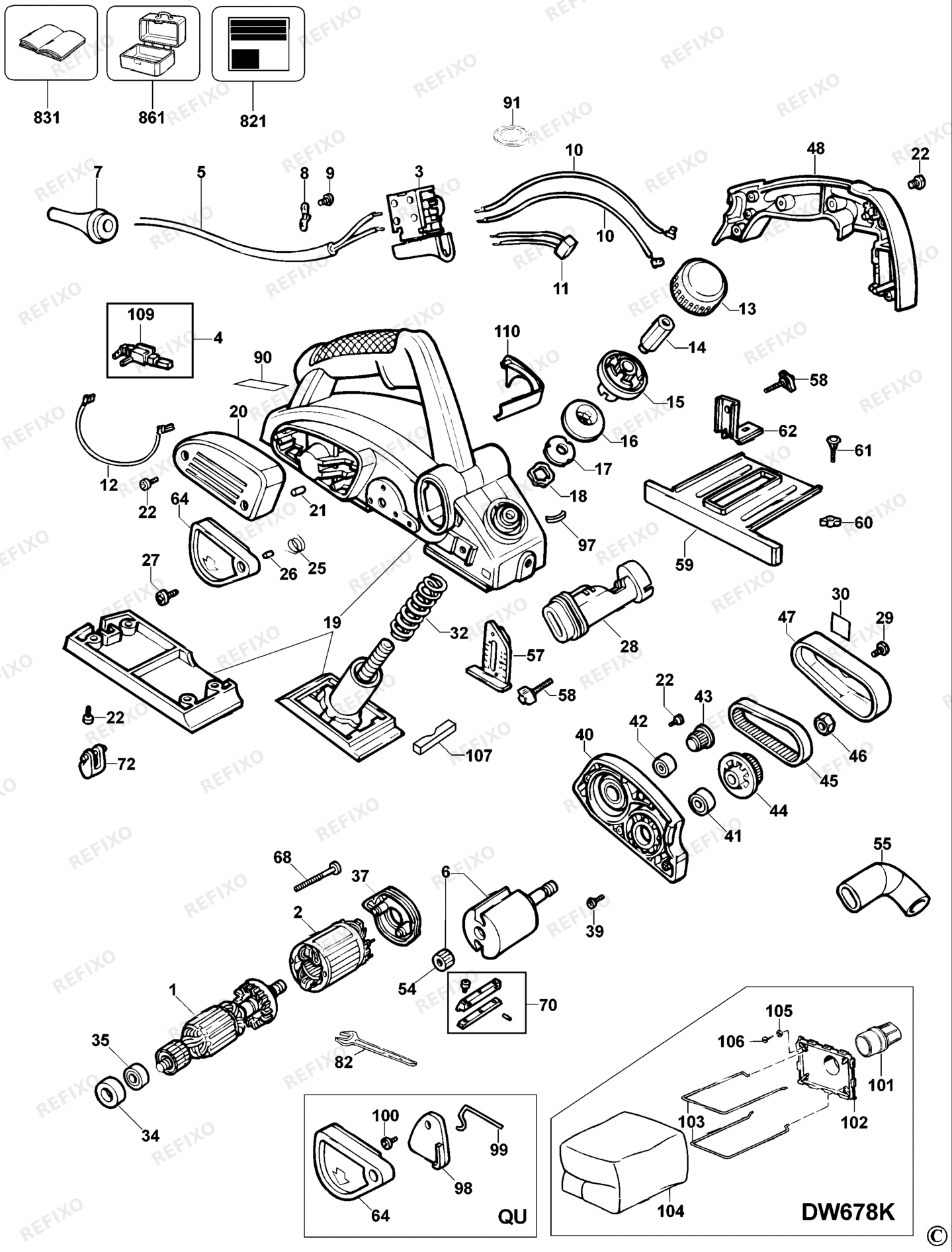 Деталировка DeWalt DW678-QS TYPE 2 3 рубанок DW678-QS DW678 — схема запчастей в разборе