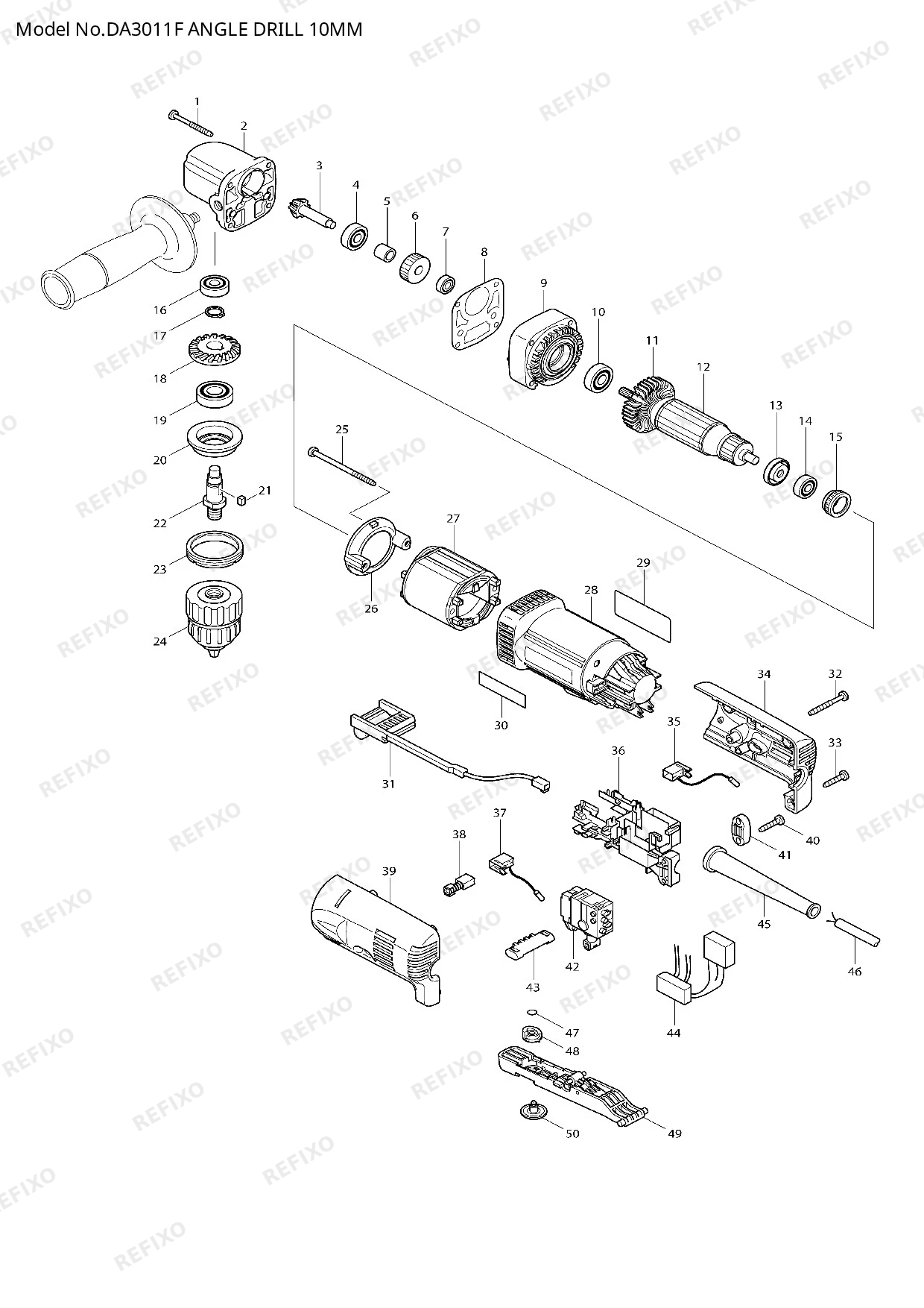 Деталировка MAKITA DA3011F — схема запчастей в разборе