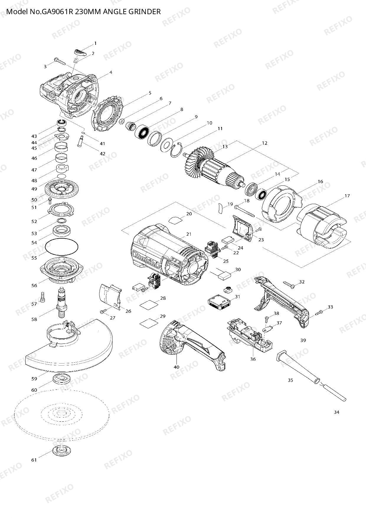 Деталировка MAKITA GA9061R — схема запчастей в разборе