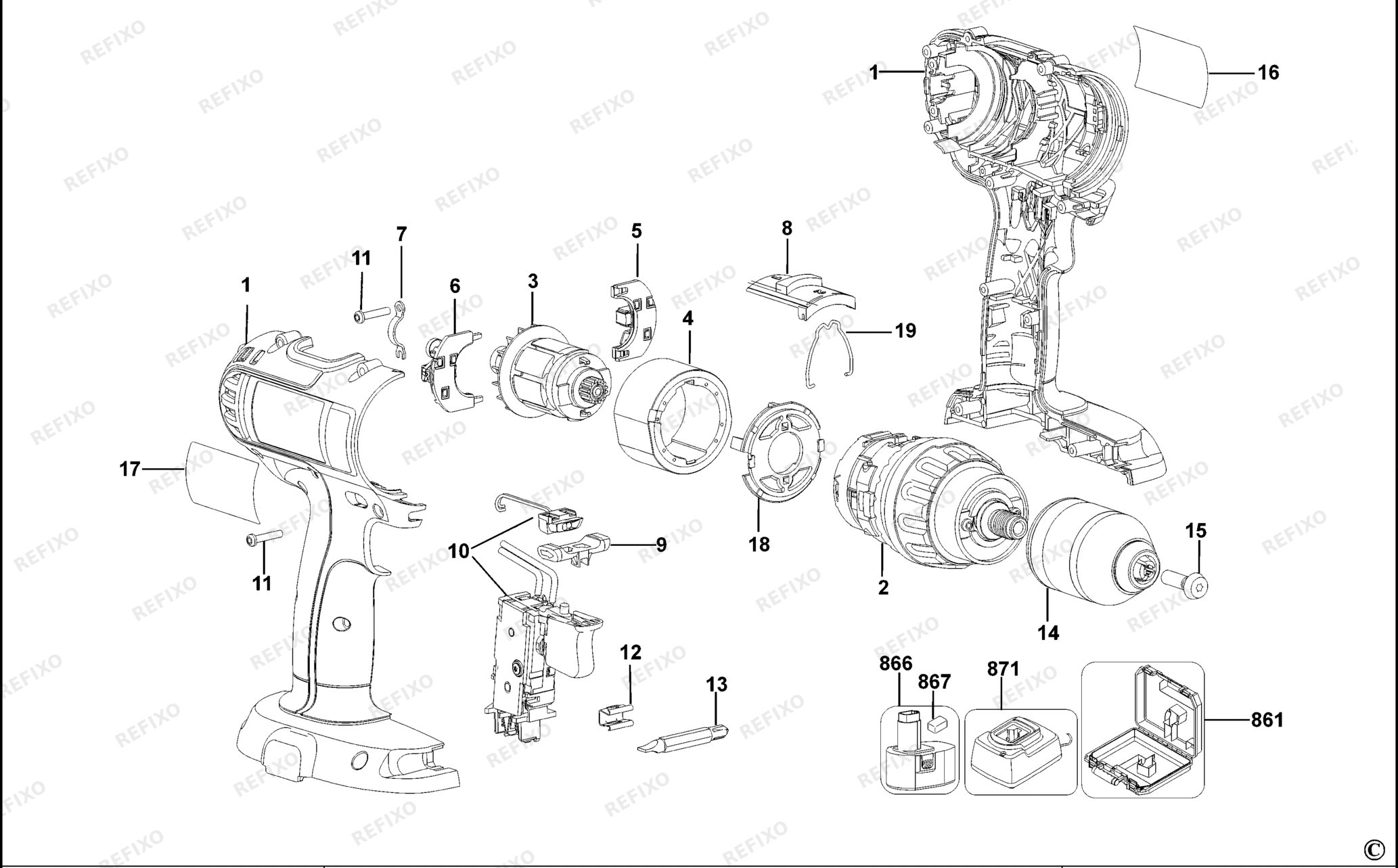 Деталировка DeWalt DC730K-XJ TYPE 1 BOHRERANTRIEB DC730K-XJ DC730K — схема запчастей в разборе