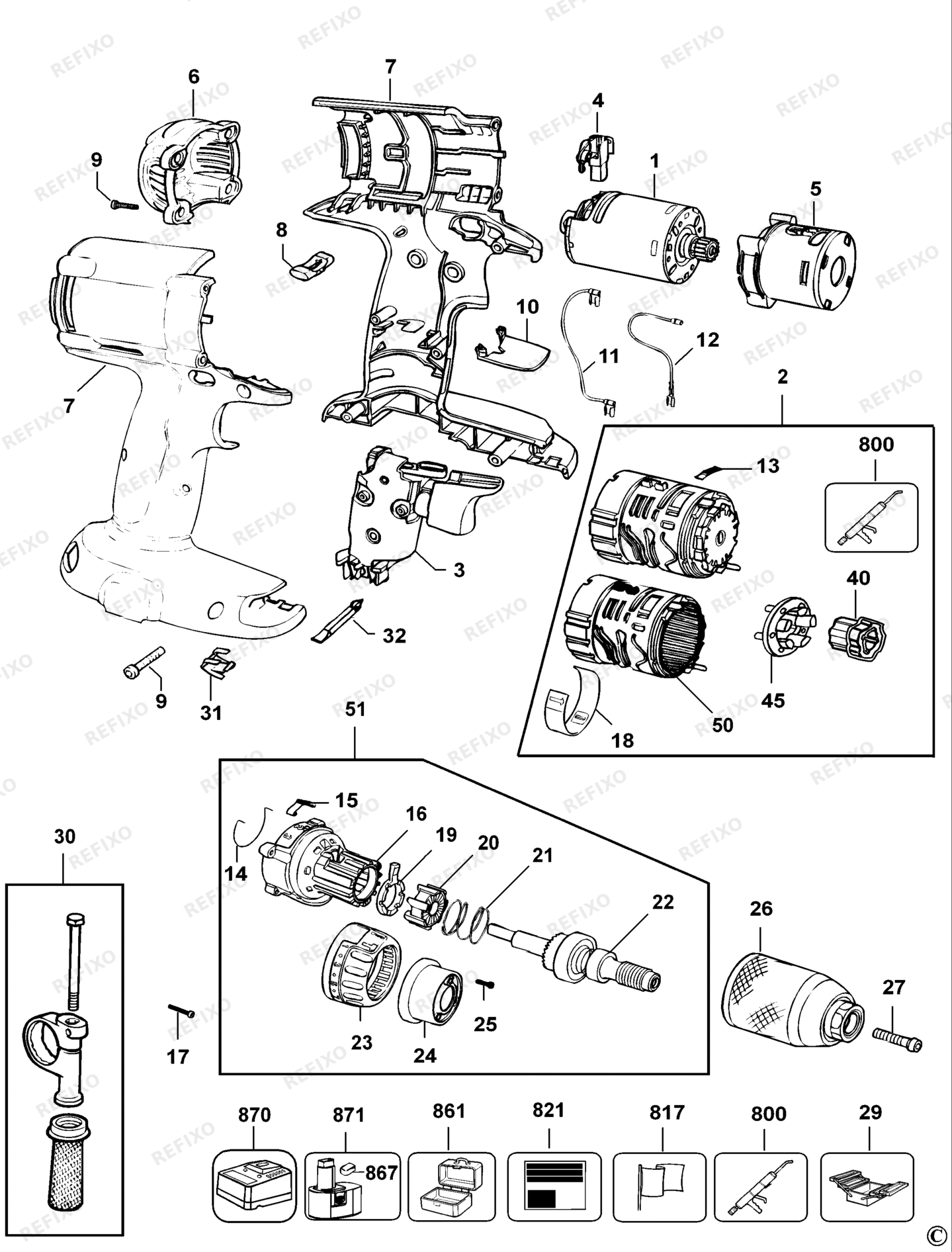 Деталировка DeWalt DC988K-XJ TYPE 1 KOMBINATIONSEINHEIT DC988K-XJ DC988K — схема запчастей в разборе