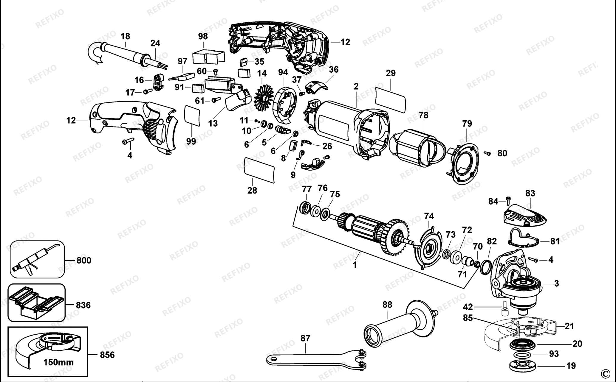 Деталировка DeWalt D28065-QS TYPE 3 SMALL ANGLE GRINDER D28065-QS D28065 — схема запчастей в разборе