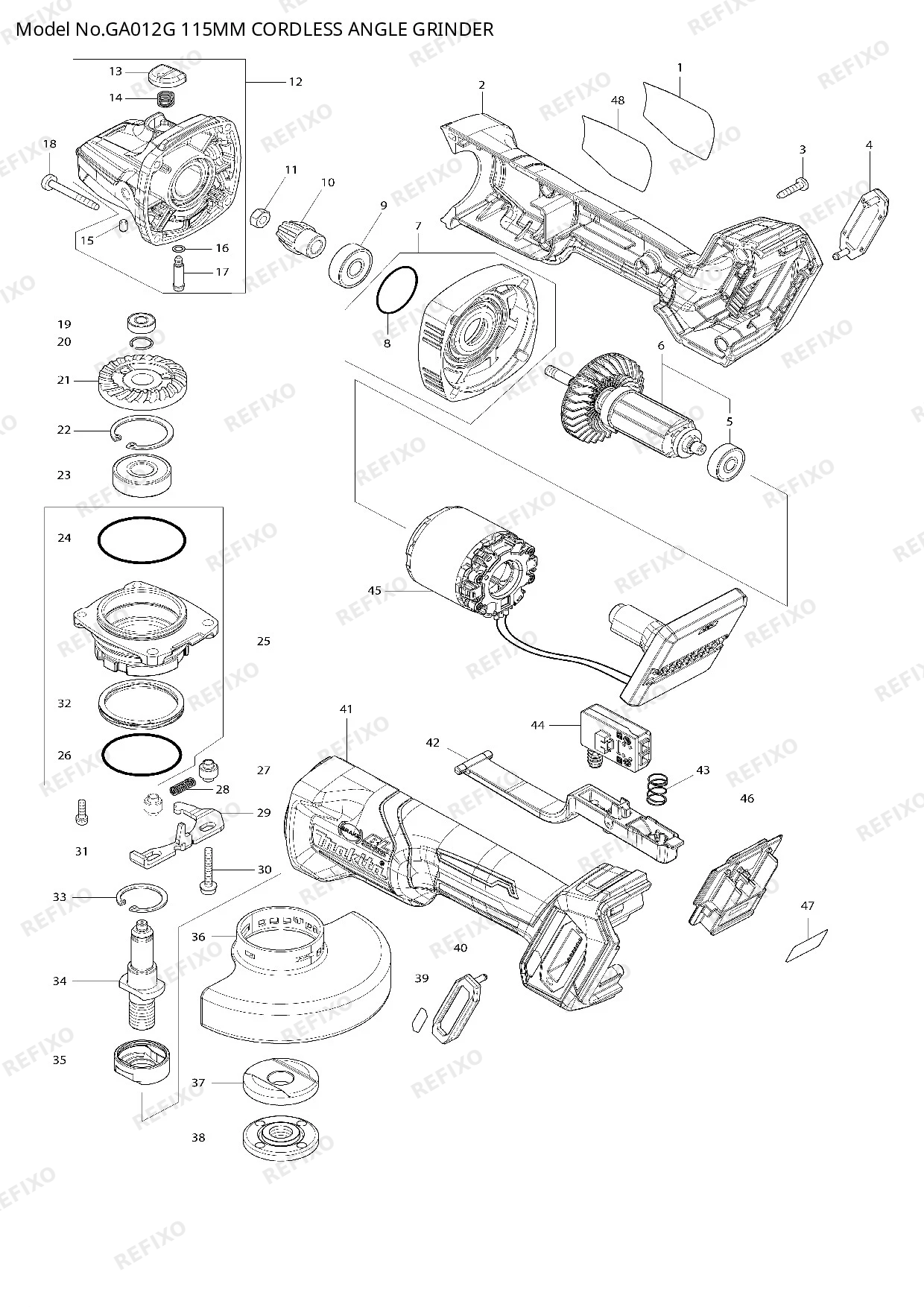Деталировка MAKITA GA012G — схема запчастей в разборе