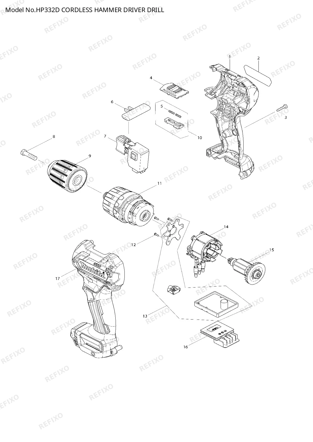 Деталировка MAKITA HP332D — схема запчастей в разборе