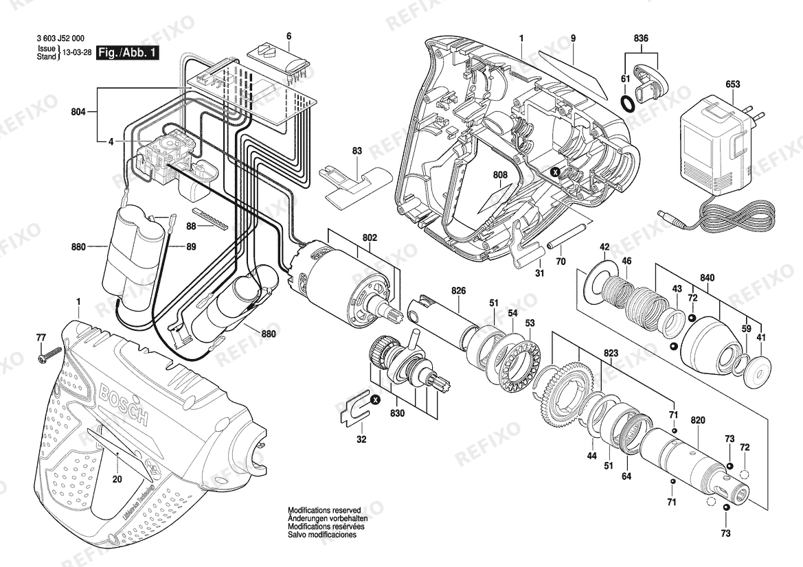 Деталировка Bosch Аккумуляторный - перфоратор UNEO | 14.4 V | 006 - JP (3 603 J52 050) — схема запчастей в разборе