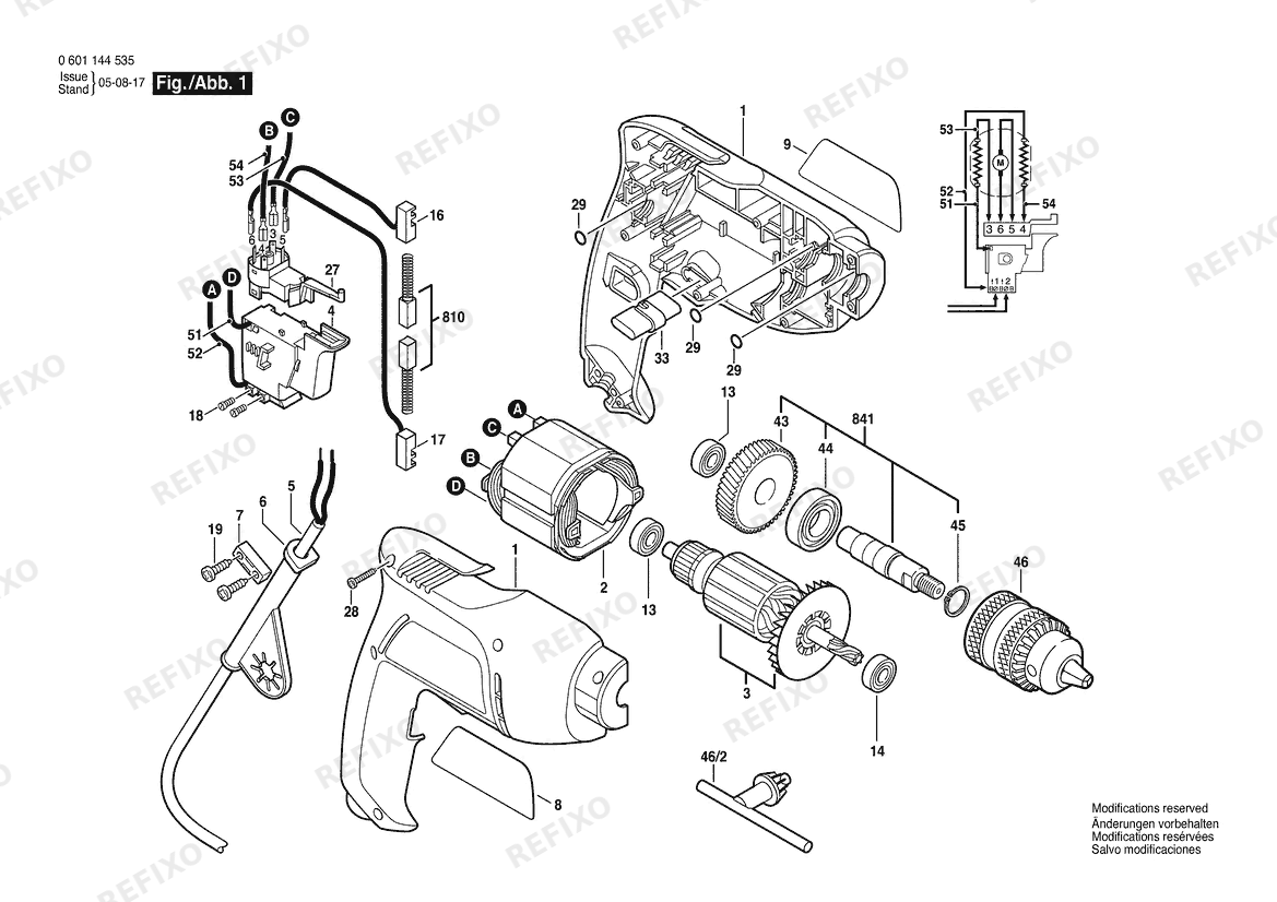 Деталировка Bosch Дрель GBM 450 | 120 V | 061 - US (0 601 144 535) — схема запчастей в разборе