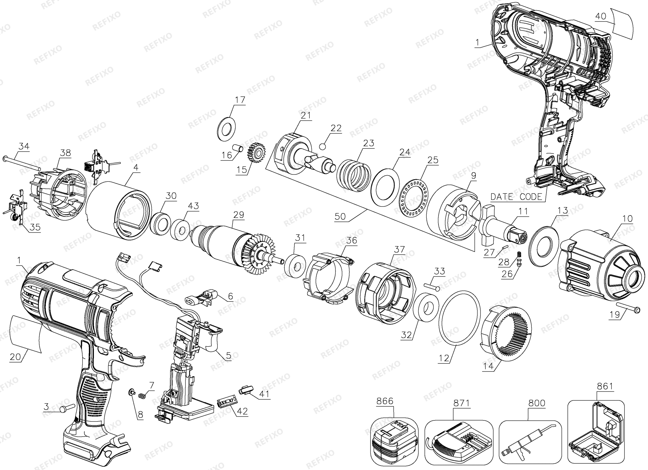 Деталировка DeWalt DCF889KN-XJ TYPE 2 18V XR HIGH TORQUE WRENCH DCF889KN-XJ DCF889KN — схема запчастей в разборе