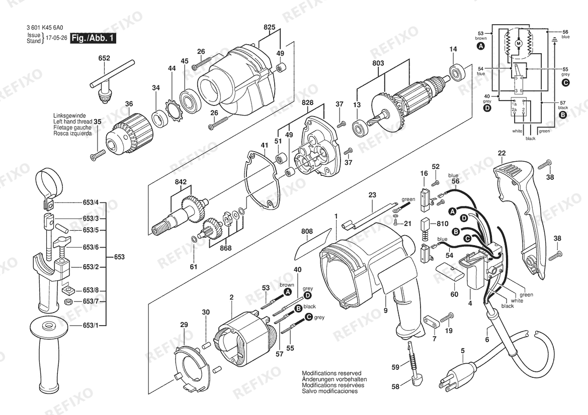 Деталировка Bosch Дрель 1013VSR | 120 V | 061 - US (3 601 K45 6A0) — схема запчастей в разборе