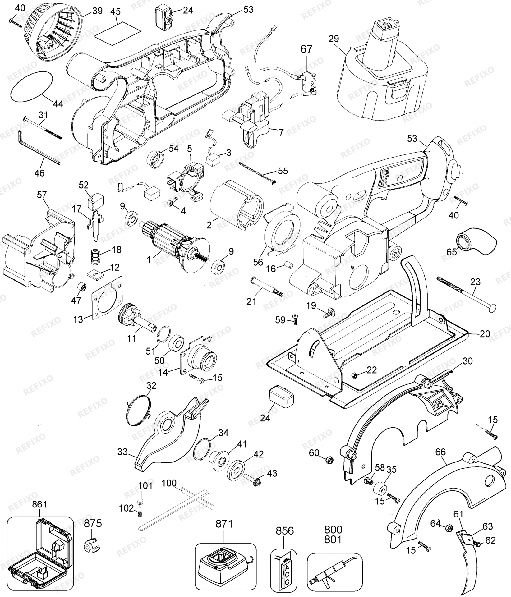 Деталировка DeWalt DW936-XJ TYPE 1 аккумуляторный HANDKREISSAGE DW936-XJ DW936 — схема запчастей в разборе