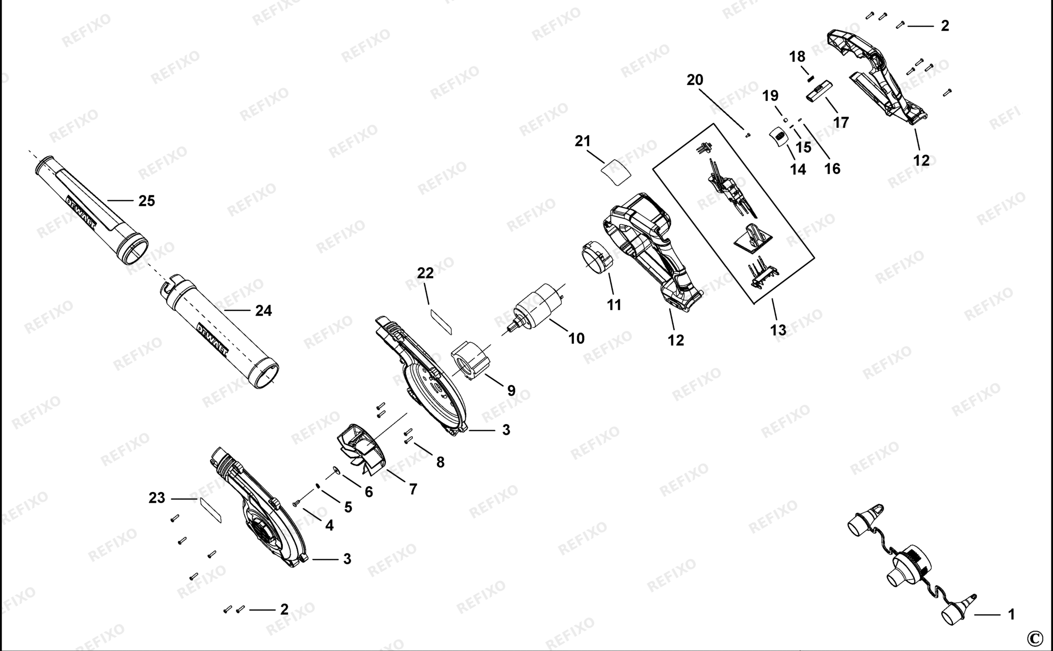 Деталировка DeWalt DCV100-XJ TYPE 1 GEBLÄSE DCV100-XJ DCV100 — схема запчастей в разборе