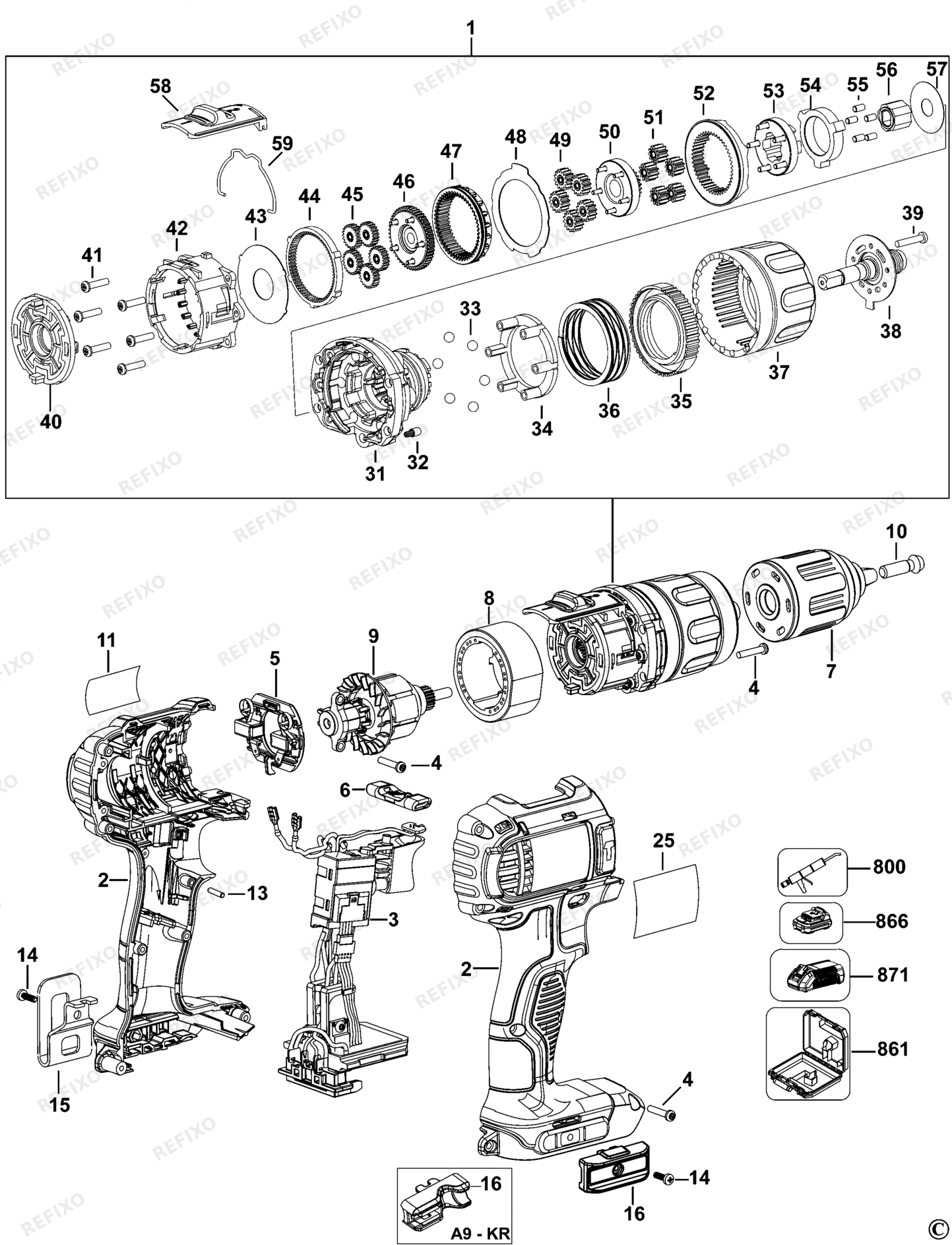 Деталировка DeWalt DCD730L-QW TYPE 1 аккумуляторный - дрель DCD730L-QW DCD730L — схема запчастей в разборе