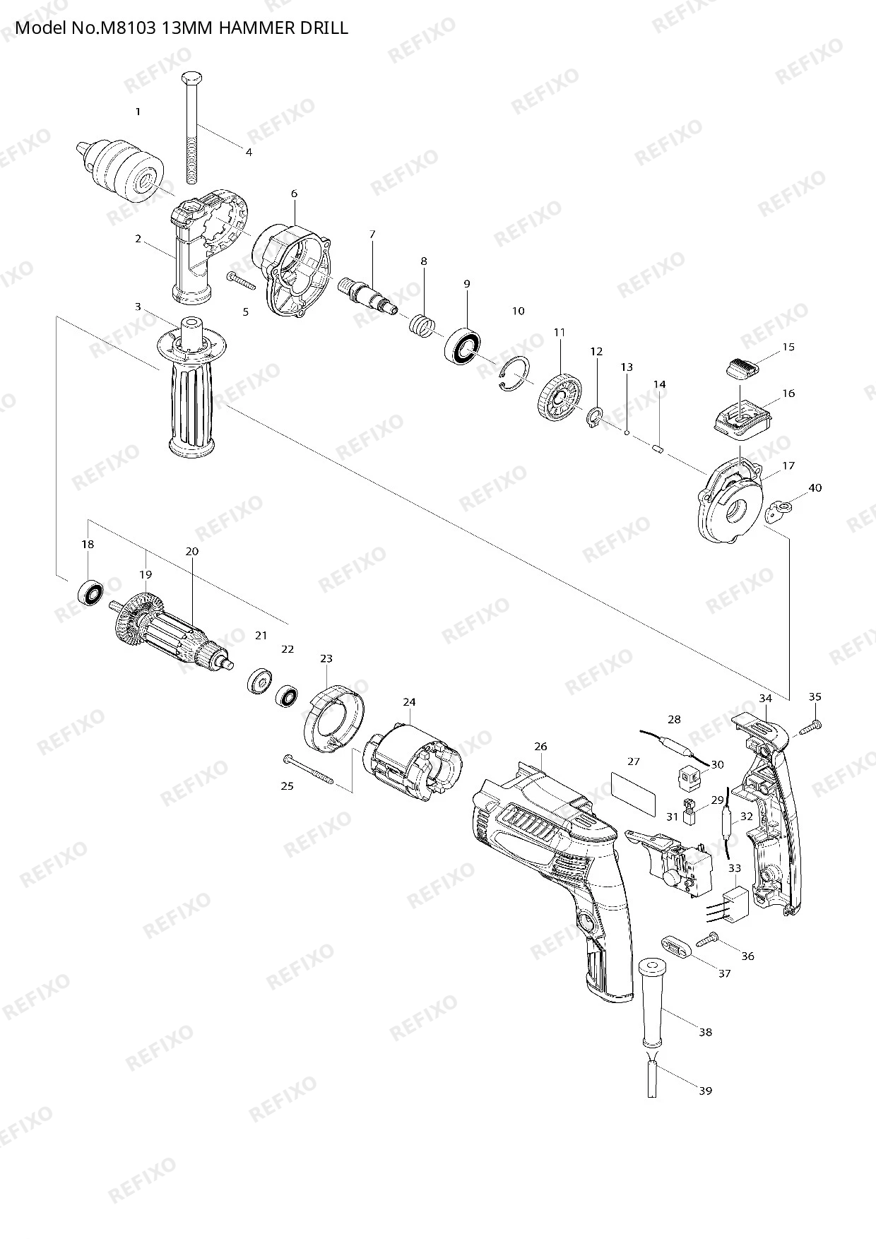 Деталировка MAKITA M8103 — схема запчастей в разборе