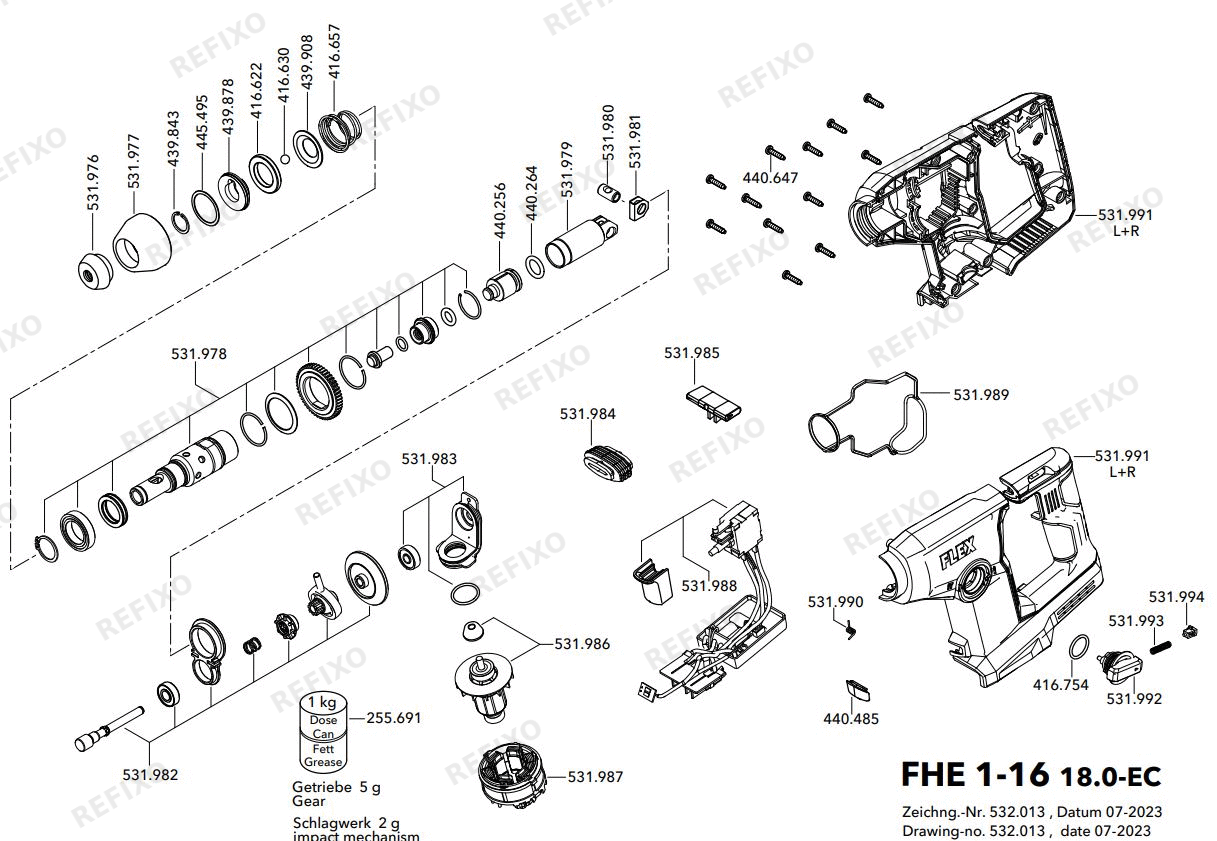 Деталировка Flex FHE 1-16 18.0-EC C — схема запчастей в разборе