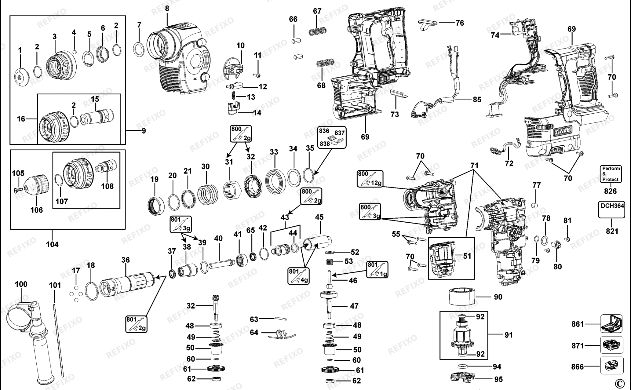 Деталировка DeWalt DCH364-QW TYPE 1 DREHHAMMER DCH364-QW DCH364 — схема запчастей в разборе