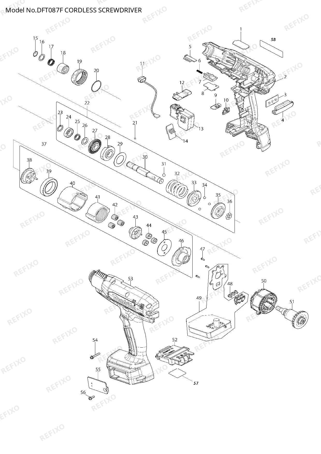 Деталировка MAKITA DFT087F — схема запчастей в разборе