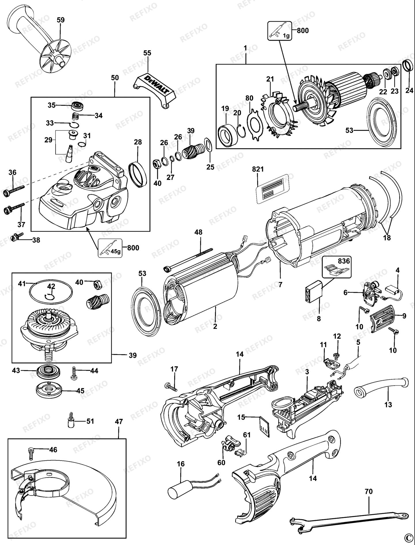 Деталировка DeWalt D28432C-QS TYPE 3 угловая шлифмашина D28432C-QS D28432C — схема запчастей в разборе