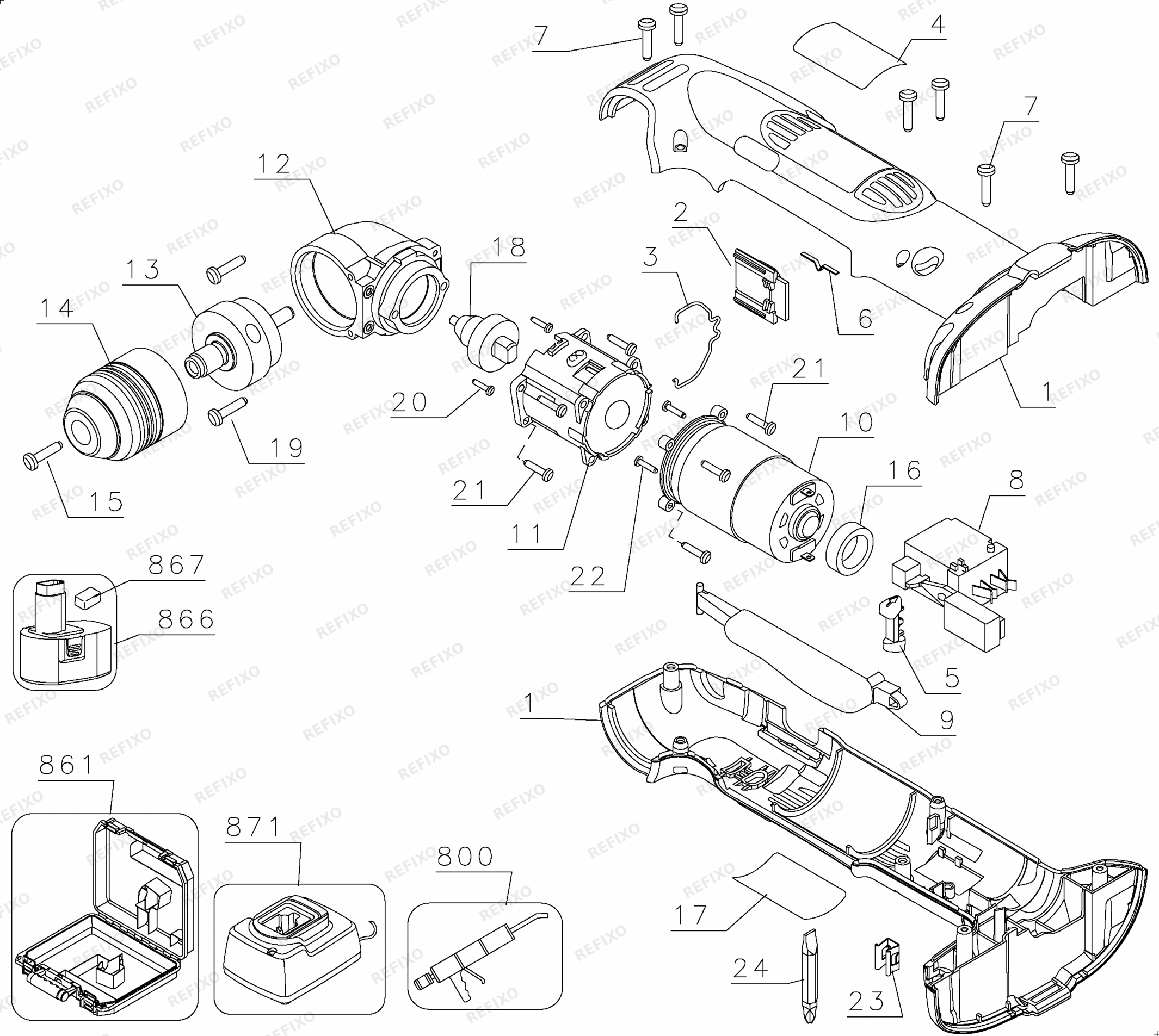 Деталировка DeWalt DW960-XJ TYPE 1 RIGHT ANGLE DRILL DW960-XJ DW960 — схема запчастей в разборе