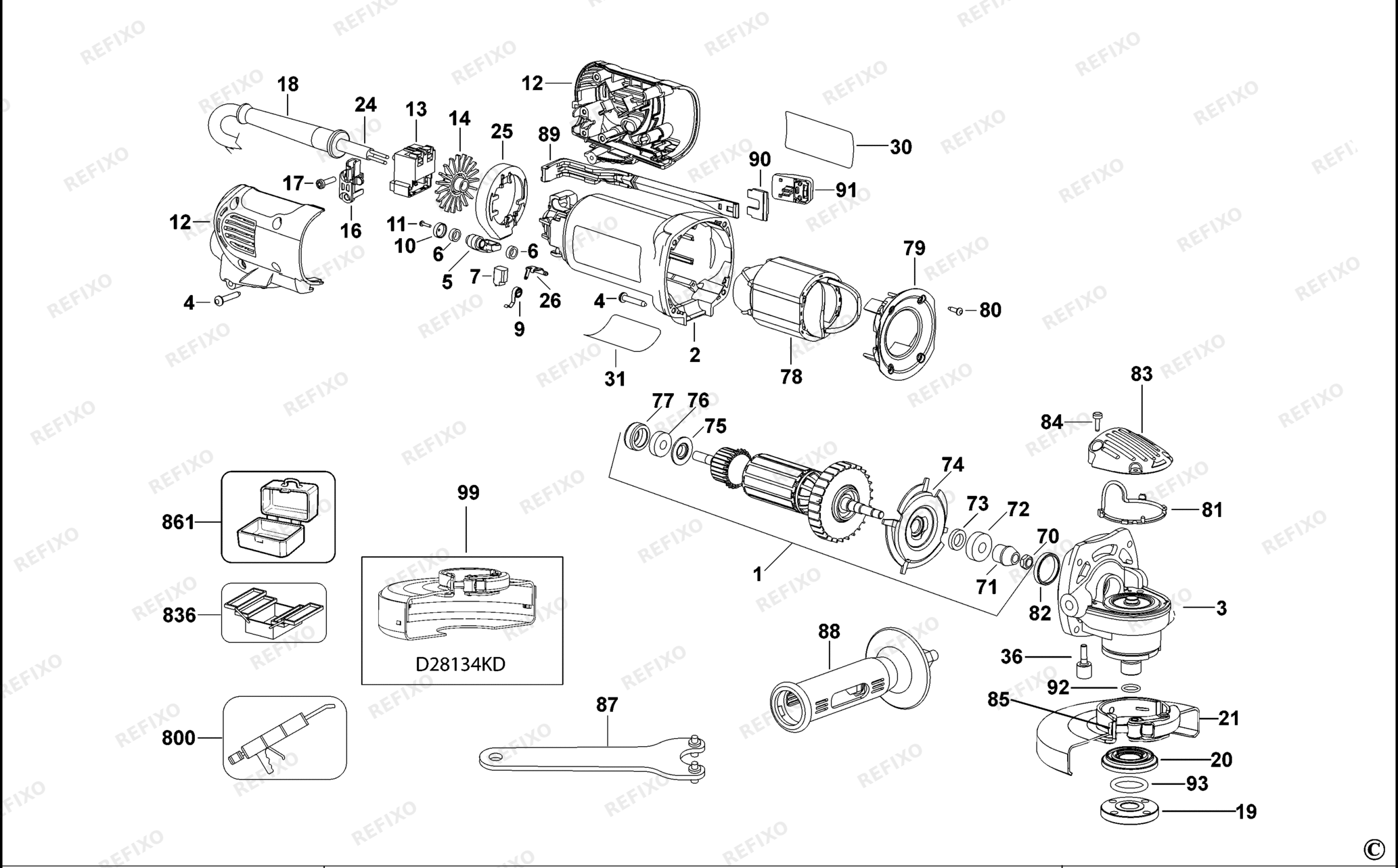 Деталировка DeWalt D28134-QS TYPE 3 SMALL ANGLE GRINDER D28134-QS D28134 — схема запчастей в разборе
