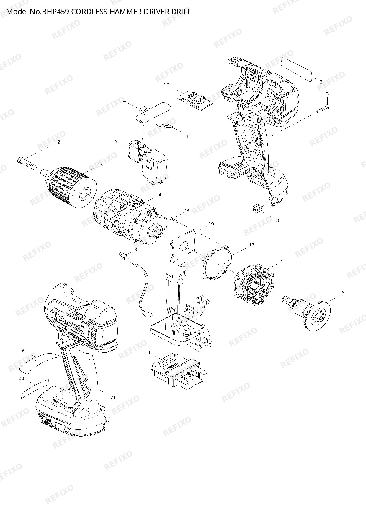 Деталировка MAKITA BHP459 — схема запчастей в разборе