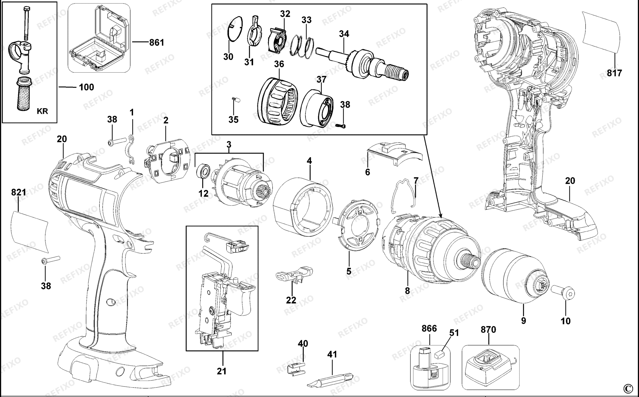 Деталировка DeWalt DC737K-XJ TYPE 1 аккумуляторный - дрель DC737K-XJ DC737K — схема запчастей в разборе