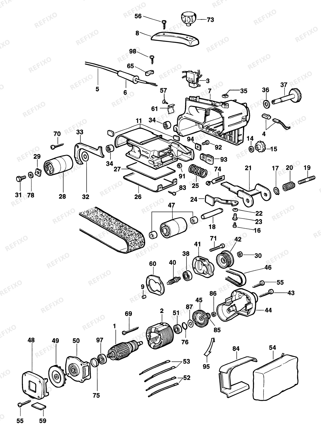 Деталировка DeWalt D430-04-XJ TYPE 1 ленточная шлифмашина D430-04-XJ D430-04 — схема запчастей в разборе