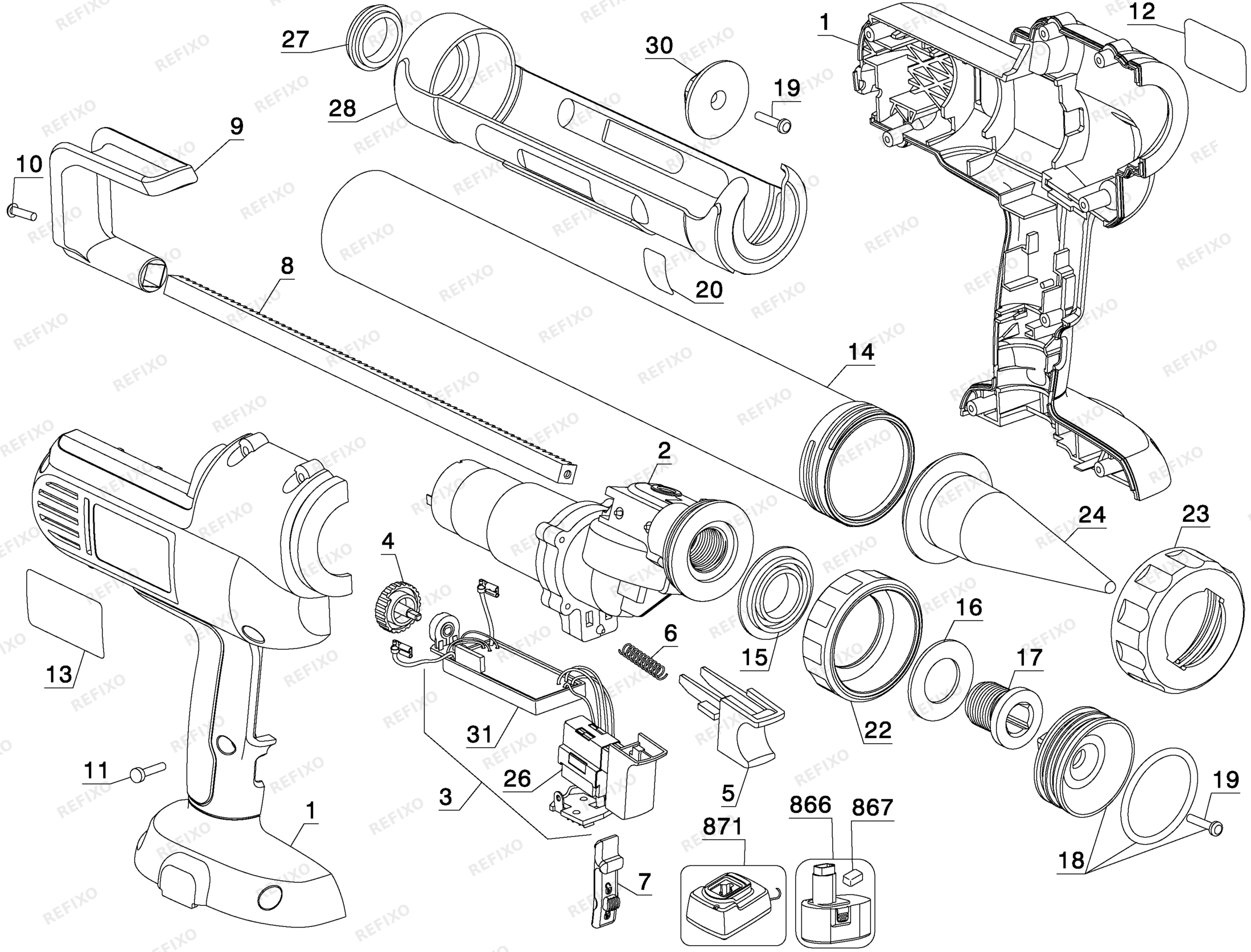 Деталировка DeWalt DC542-XJ TYPE 11 KARTUSCHENPISTOLE DC542-XJ DC542 — схема запчастей в разборе