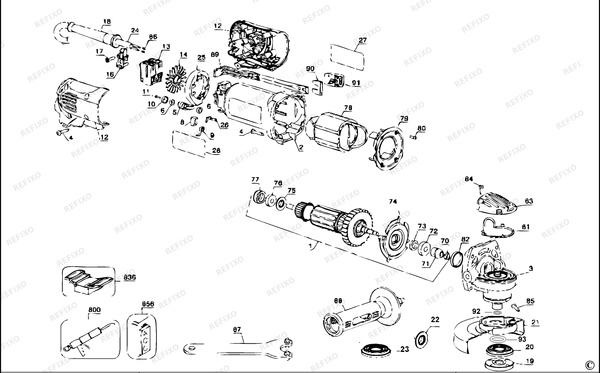 Деталировка DeWalt D28112-XJ TYPE 1 SMALL ANGLE GRINDER D28112-XJ D28112 — схема запчастей в разборе