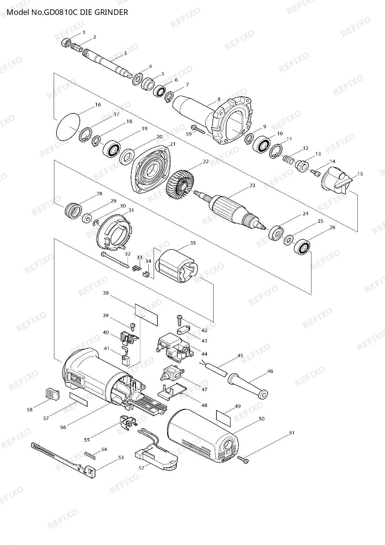 Деталировка MAKITA GD0810C — схема запчастей в разборе