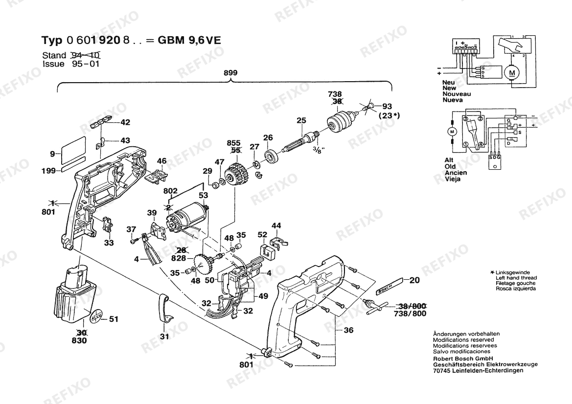 Деталировка Bosch Gw- аккумуляторный - дрель GBM 9,6 VE | 025 - AMS (0 601 920 834) — схема запчастей в разборе